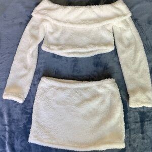 SHEIN Off-Shoulder White Fuzzy Skirt Set